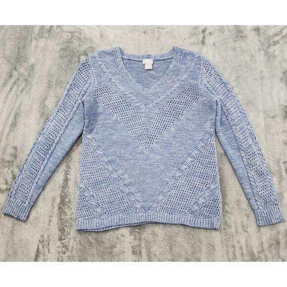 Chico's Textured Knit V-Neck Sweater Size 0 S Blue Chevron Pullover Long Sleeves - Picture 1 of 10